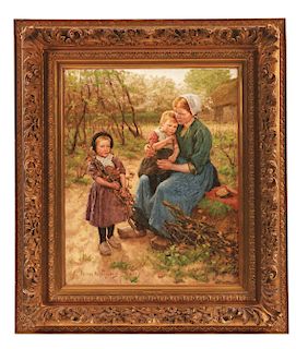 HENRI HEYLIGEZS (Dutch, 1877-1967) MOTHER AND CHILDREN GATHERING FAGGOTS.