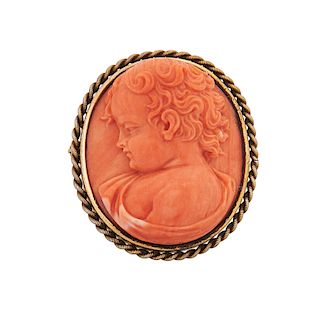 CARVED CORAL CAMEO & GILT SILVER BROOCH