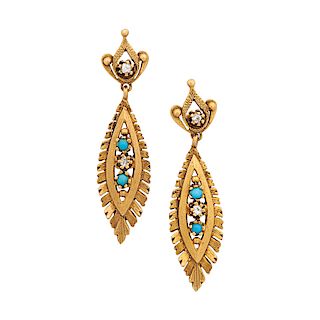 EGYPTIAN REVIVAL STYLE DIAMOND & TURQUOISE YELLOW GOLD EARRINGS 