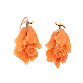 FLORAL CARVED CORAL & YELLOW GOLD EARRINGS