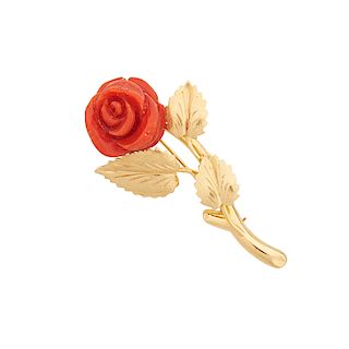 CARVED CORAL & YELLOW GOLD ROSE BROOCH