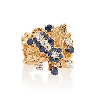 DIAMOND, SAPPHIRE & YELLOW GOLD INSECT RING