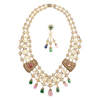 CHINESE GEM-SET GILT-SILVER NECKLACE & EARRING