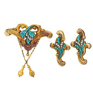 VICTORIAN TURQUOISE, SEED PEARL & YELLOW GOLD SUITE 