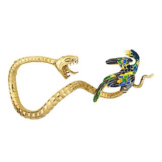FRENCH ENAMELED YELLOW GOLD SERPENT BROOCH