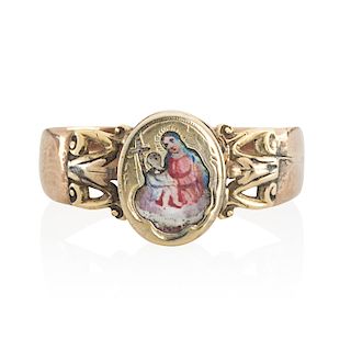 EARLY 20TH C. ENAMELED MOTHER & CHILD YELLOW GOLD LOCKET RING 