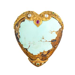 TURQUOISE & GEM-SET YELLOW GOLD BROOCH