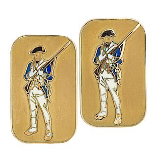 CARTIER ENAMELED YELLOW GOLD MILITARY CUFFLINKS