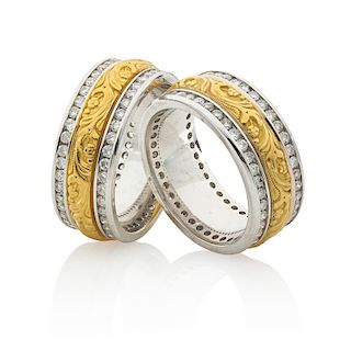 PAIR OF DIAMOND & BICOLOR GOLD BAND RINGS