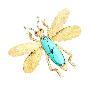 BUCCELLATI TURQUOISE & YELLOW GOLD INSECT BROOCH