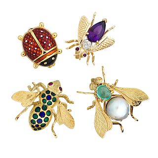 GEM-SET OR ENAMELED YELLOW GOLD INSECT BROOCHES