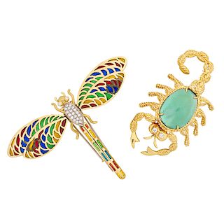 YELLOW GOLD DRAGONFLY OR SCORPION BROOCHES