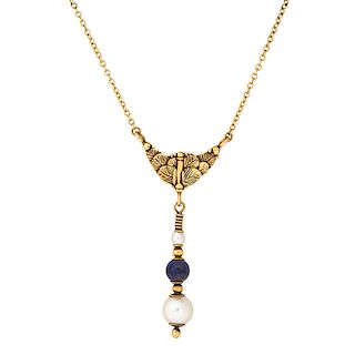 JAMES MEYER LAPIS, PEARL & YELLOW GOLD PENDANT NECKLACE 