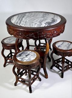 Chinese Rosewood Marble Top Table w Four Stools