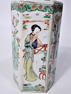 Chinese 6 Sided Famille Verte Vase 18th C