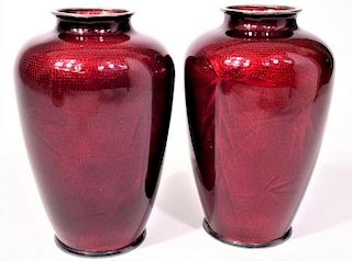 Pair Vintage Japanese Ginbari Pigeon Blood Vases