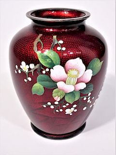Japanese Ginbari Pigeon Blood Cloisonne Vase