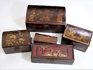 (5) 20th C. Carved Chinese Wooden Boxes