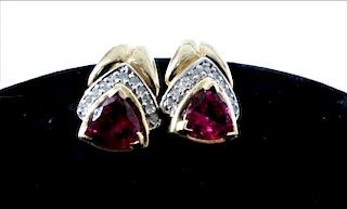 Diamond and Red Stone Earrings 14k Yellow Gold