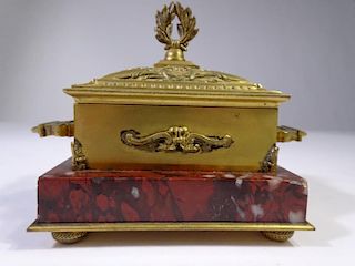 French Gilt Bronze Container on Red Marble Base