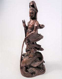 Chinese Carved Wooden Quanyin on Carp Base