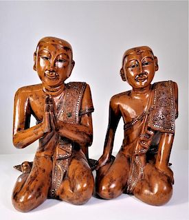 Pair of Large Thai Carved Kneeling Monks