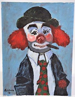 R. J Hines, Oil on Board, Portrait of a Clown