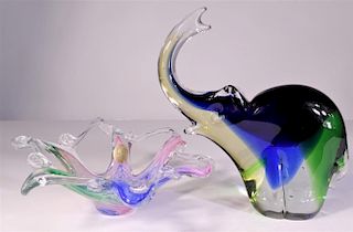 (2) Murano Style Glass, Star Dish & Elephant