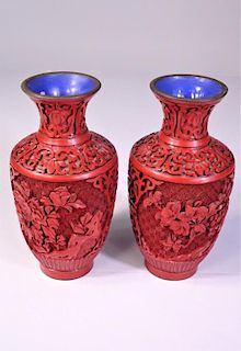 Pair of Cinnabar Relief Vases