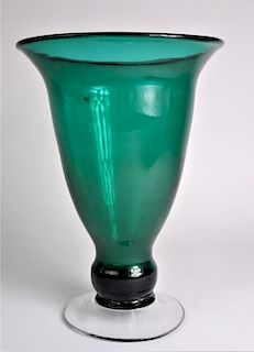 Large Blenko Green Glass and Clear Footed Vase