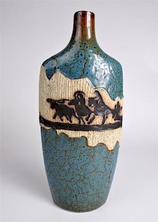 Blue Bottle Vase with Western Scene