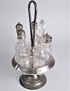Vintage Repousse Silver Cruet Set with 5 Bottles