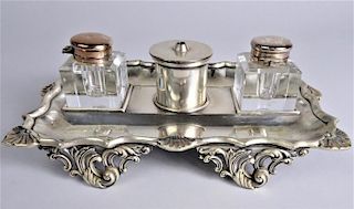 Vintage Double Glass and Silver Plate Inkwell Set