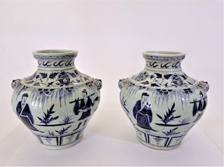 (2) Large Signed Blue and White Scene Vases