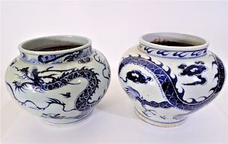 (2) Large Chinese Signed Dragon Blue & White Pots