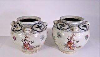 (2) Chinese Hand painted Pots with Foo Dog Handles