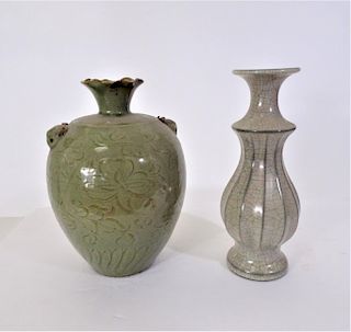 (2) Chinese Green Vases, one Signed