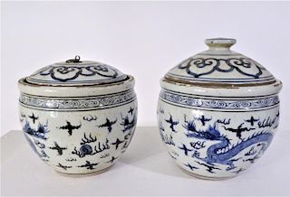 (2) Chinese Dragon Blue & White Vases with Lids