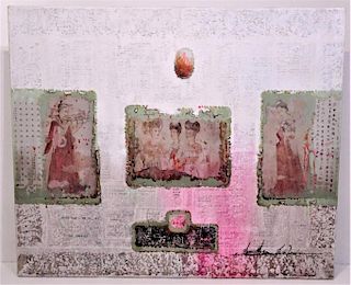 Signed Chinese Mixed Media w Panels & Calligraphy