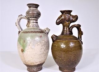 (2) Chinese Brown Pottery Vases with Handles