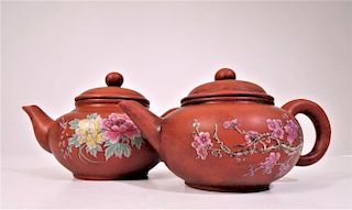 (2) Chinese Pottery Teapots with Flowers & Mark