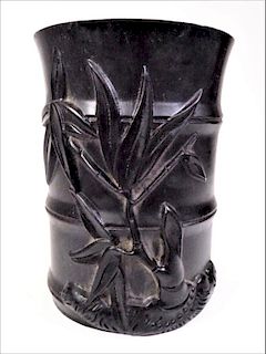 Chinese Carved Wooden Brush Pot with Cicadas