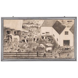 Large and Impressive Folk Art Chalk Drawing, The Valley Farm, Signed H. D. Payne