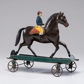 Althof Bergmann Pressed Tin Horse and Jockey Pull Toy