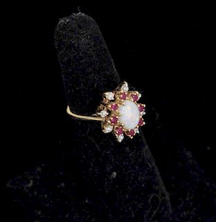Opal, Red Stone & Diamond Ring