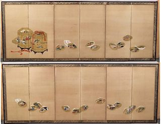 Pair Japanese Six Panel Hand Painted Wall Screens