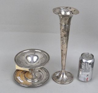 3 Sterling Items, Tazza, Underplate, Weighted Vase