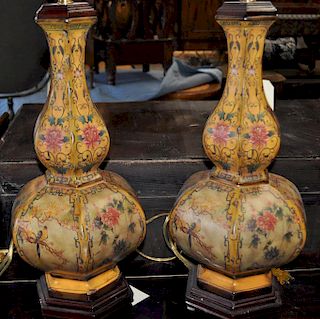 Pair Porcelain Double Gourd Form Lamps