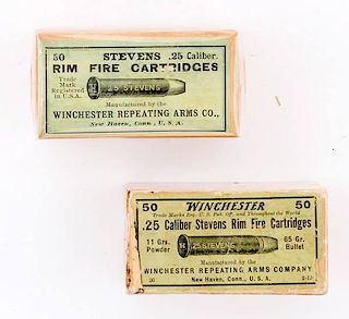 Two Boxes of .25 Caliber Stevens Rimfire Cartridges 
