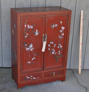 Red Lacquer Chinese Small Two Drawer Cabinet